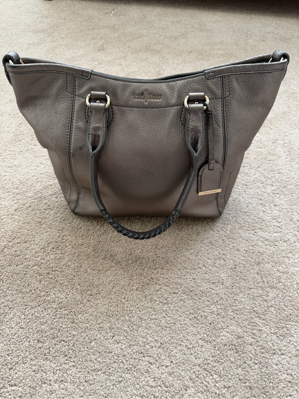 Cole Haan gray pebbled leather tote bag braided handles and silver hardware